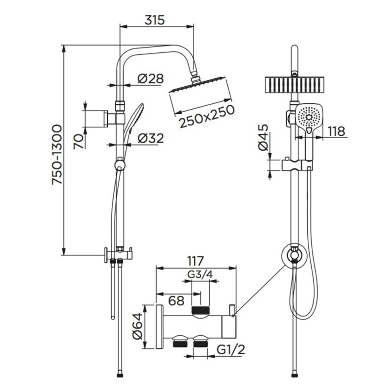 Colonna doccia serie oasi design quadro e risparmio acqua integrato con soffione in acciaio Idrobric SCACOL0094CR