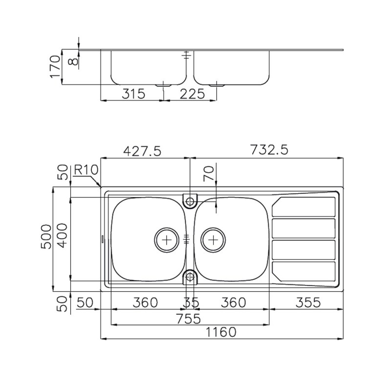 Lavello inox 2v dxsc. 116x50 incasso Foster SPA U81022 DX2