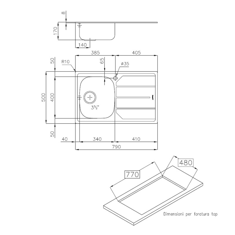 Lavello inox 1v sxsc. 79x50 inc. Foster SPA U81020 SX1