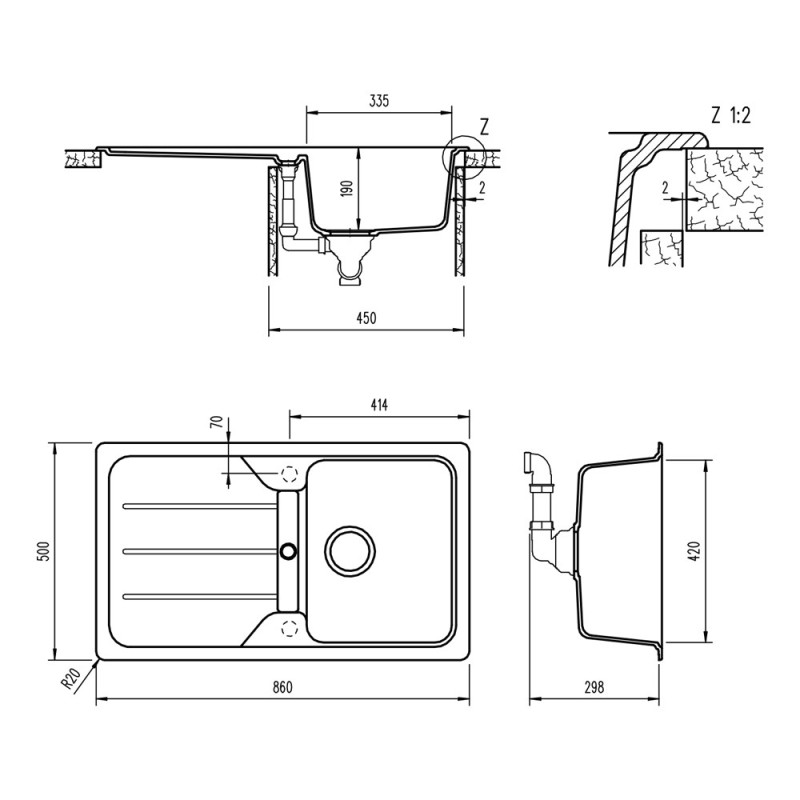 Lavello avena 1 vasca e sgocciolatoio 86x50 Idrobric SCACER0531LA