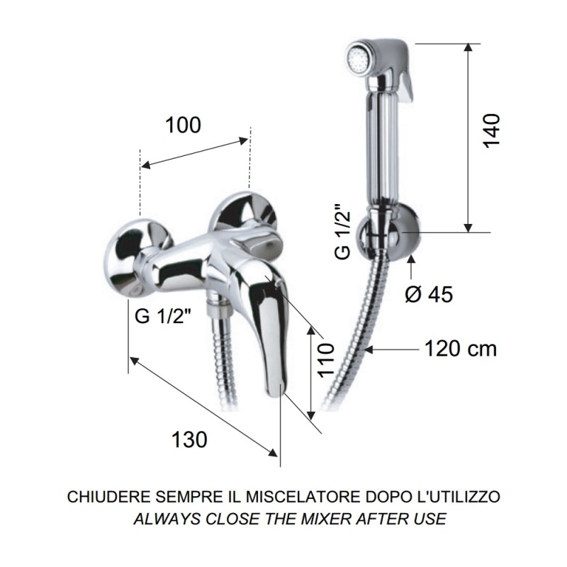 Set doccetta bidet relax con doccia a pulsante, flessibile, miscelatore doccia e supporto lux Remer C332REZ