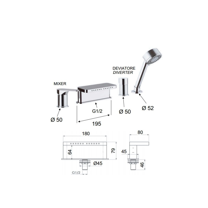 Miscelatore bordo vasca con deviatore, bocca multigetto e doccetta - serie class line Remer L06
