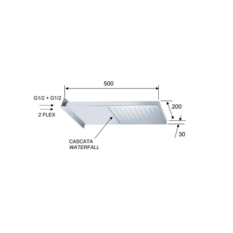 Soffione doccia a parete in acciaio inox lucidato a specchio 2 getti, normale o cascata. Remer 350SSCAX