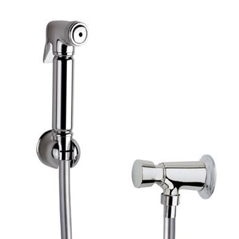Set idroscopino composto da: idroscopino a pulsante in ottone cromato, flessibile conico e rubinetto temporizzato Remer RB100TE