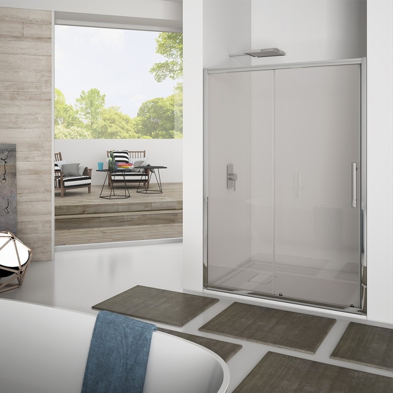 Porta scorrevole new plus 97-101 cm, trasparente cromato con cerniere sganciabili Aquasanit B0331PCR01