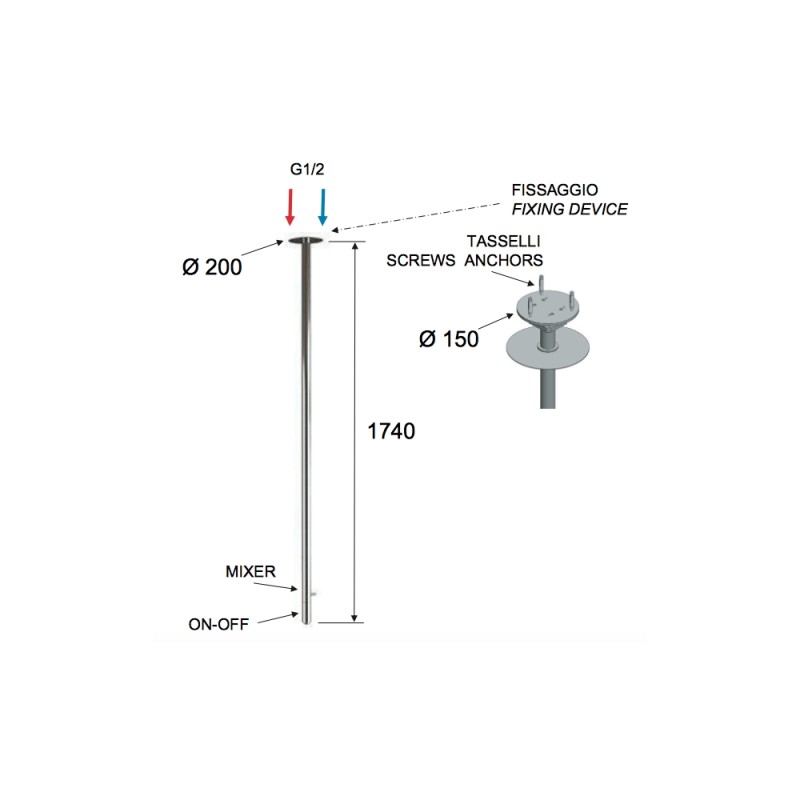 Miscelatore monocomando da soffitto 181 cm in ottone cromato minimal Remer N17L