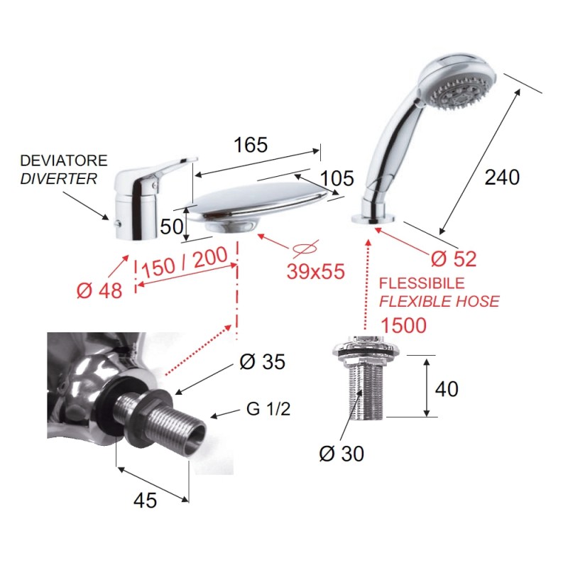 Rubinetto bordo vasca a cascata e doccino remer - serie kiss Remer K07UF
