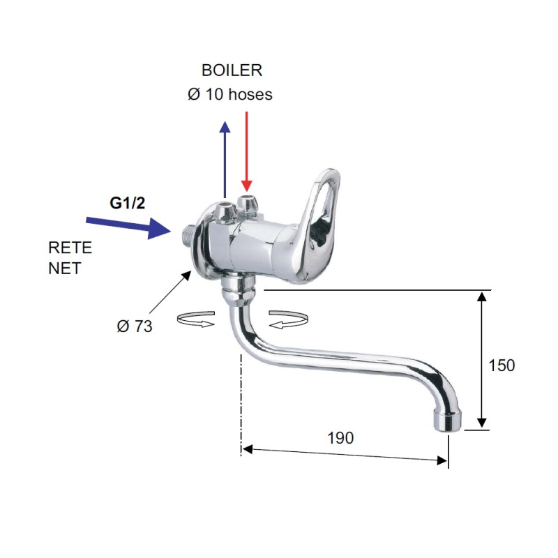 Rubinetto per lavello a muro con bocca girevole, per bassa pressione - serie kiss Remer K41BP