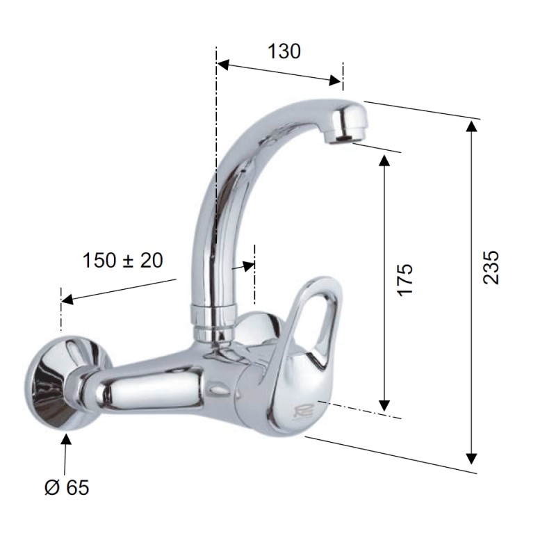 Rubinetto per lavello a muro con leva frontale e bocca alta girevole modello corto - serie kisss Remer K43C