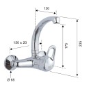 Rubinetto per lavello a muro con leva frontale e bocca alta girevole modello corto - serie kisss Remer K43C