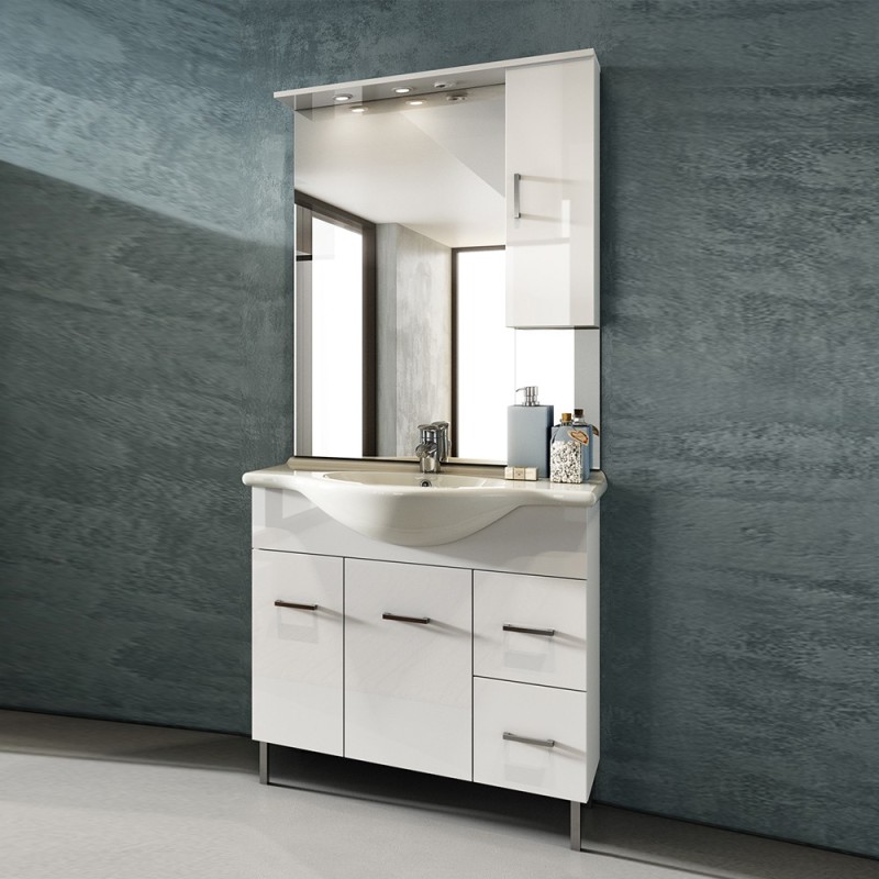 Mobile bagno venice bianco lucido cm 85 con lavabo e specchio DH 142-PV20085-BL