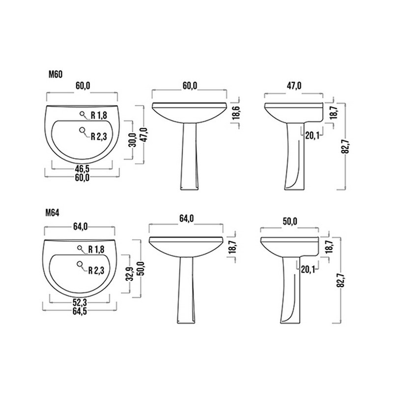 Lavabo sospeso felce in ceramica largo 64 cm LINPH 180-F100-M64