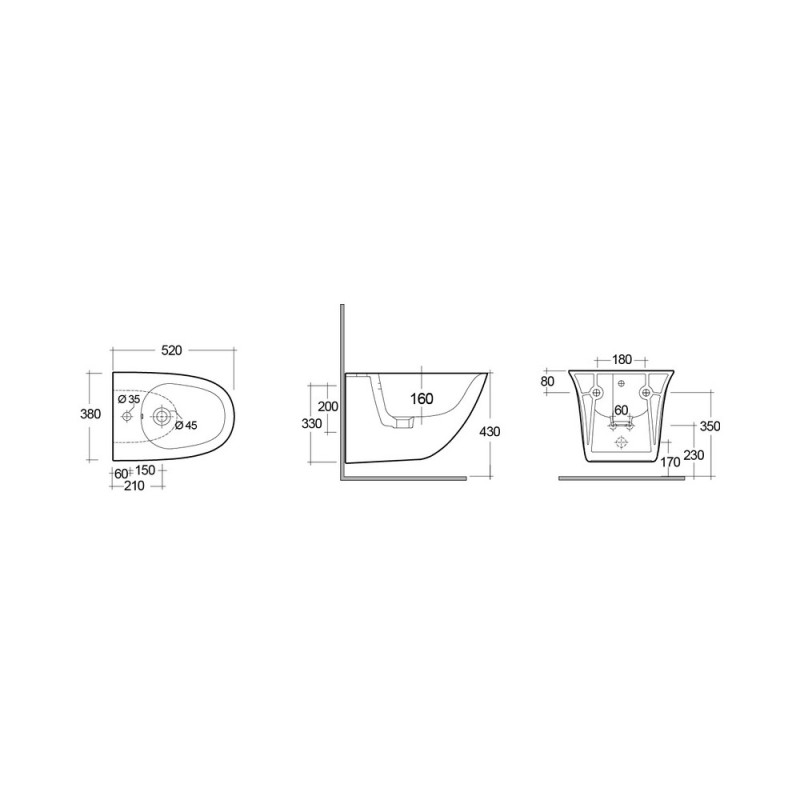 Bidet sospeso serie sensation 52 cm fissaggio nascosto Rak Ceramics 182-U313-R
