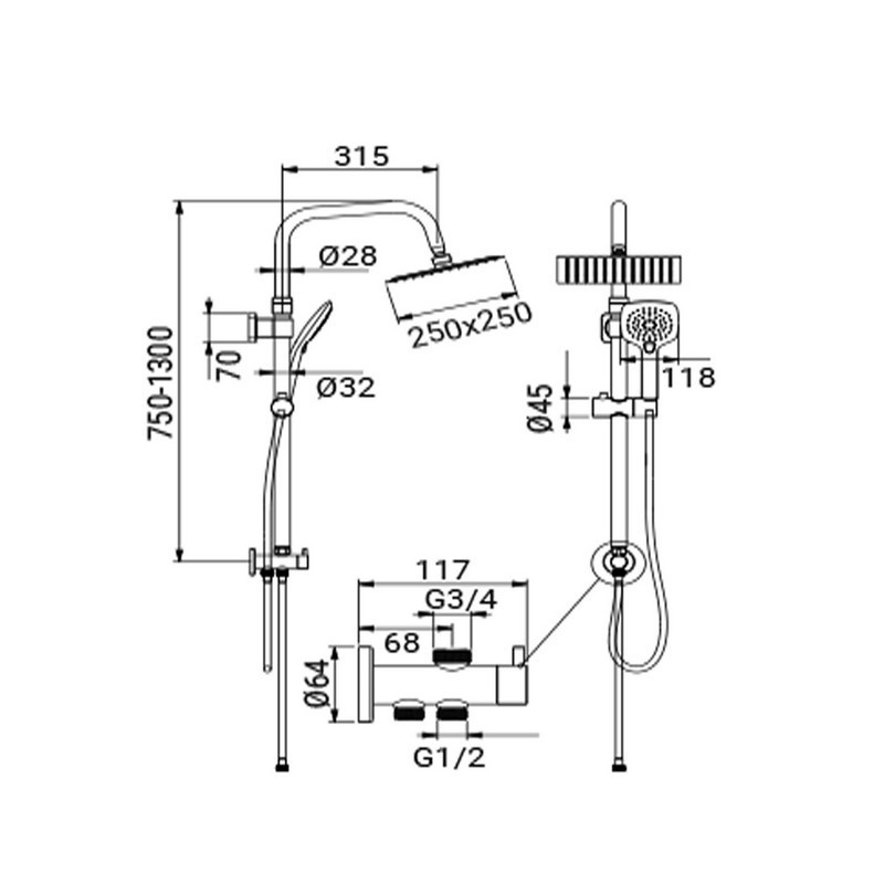 Colonna doccia serie oasi design quadro e risparmio acqua integrato con soffione in acciaio Idrobric SCACOL0094CR