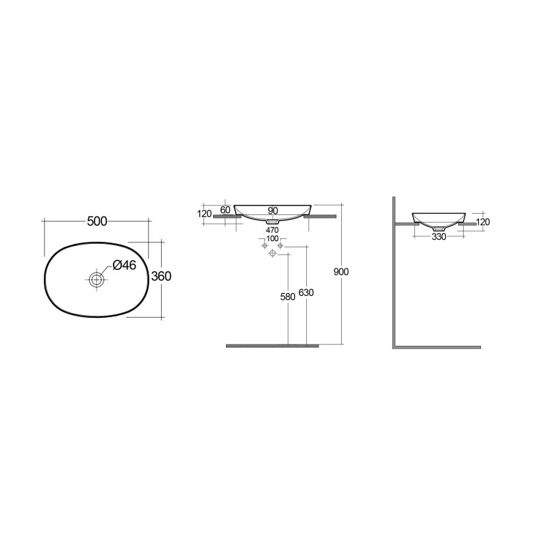 Lavabo ad incasso ovale senza foro variant 50 x 36 cm Rak Ceramics 185-RNSO-50