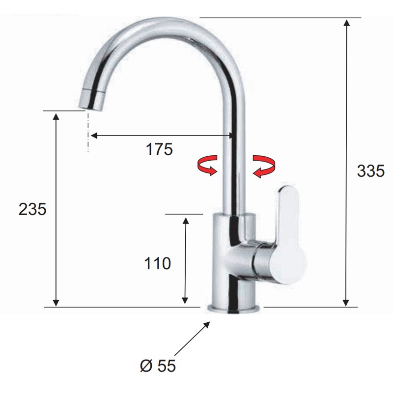 Rubinetto monocomando monoforo 90 gradi con canna alta a u - serie winner Remer W72