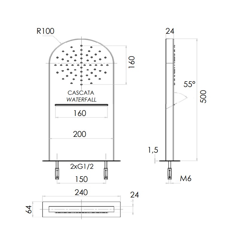 Soffione doccia a parete 50x20 in acciaio INOX spazzolato a 2 funzioni Remer SS350MMCAX Soffione doccia a parete 50x20 in acciaio INOX spazzolato a 2 funzioni Remer SS350MMCAX