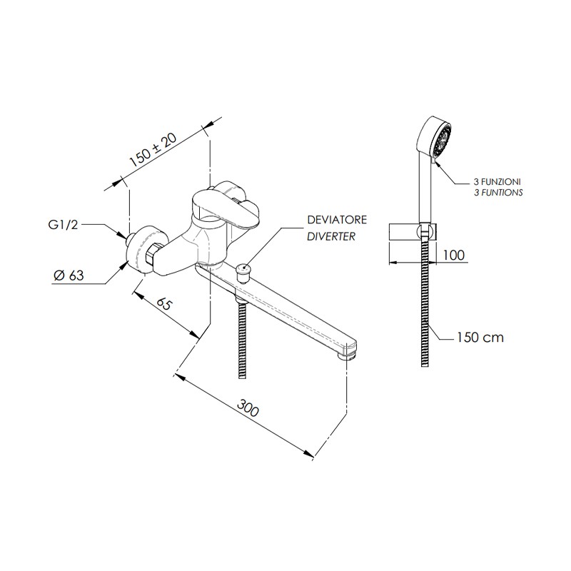 Rubinetto lavabo/vasca con canna fusa e deviatore, con kit doccia serie class line Remer L49