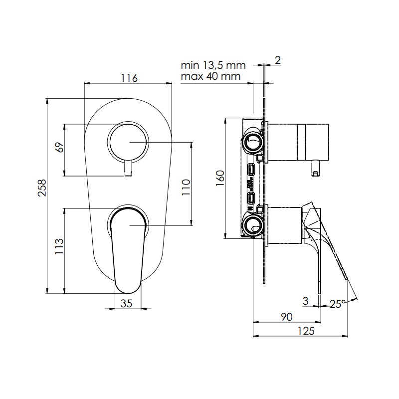 Rubinetto doccia con deviatore a tre vie su unica piastra - serie class line Remer L93