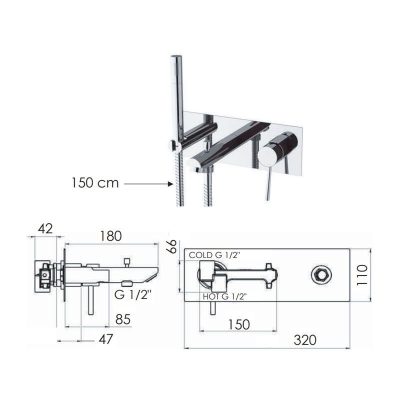 Rubinetto per vasca da incasso, deviatore e kit doccia integrato serie minimal Remer N04