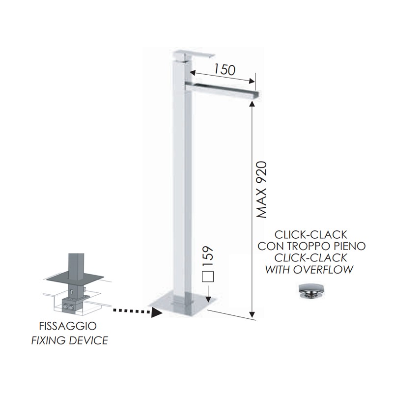 Miscelatore lavabo da pavimento con getto a cascata serie qubika Remer QC18