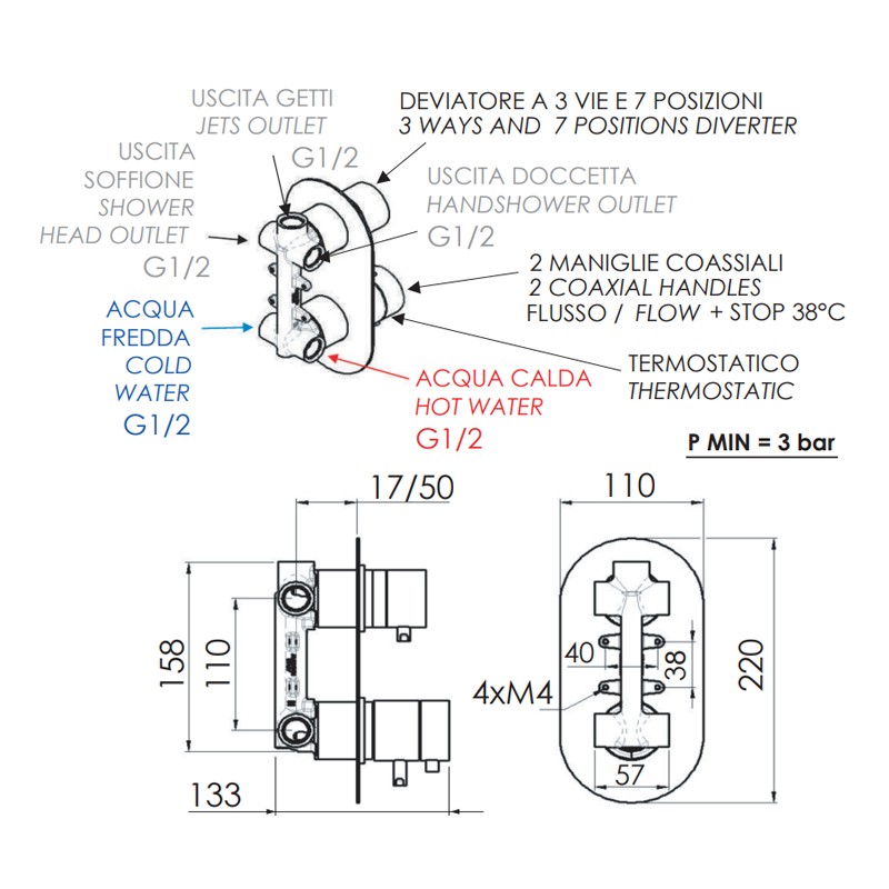 Rubinetto termostatico doccia con deviatore a tre vie e sette posizioni - serie minimal thermo Remer NT937