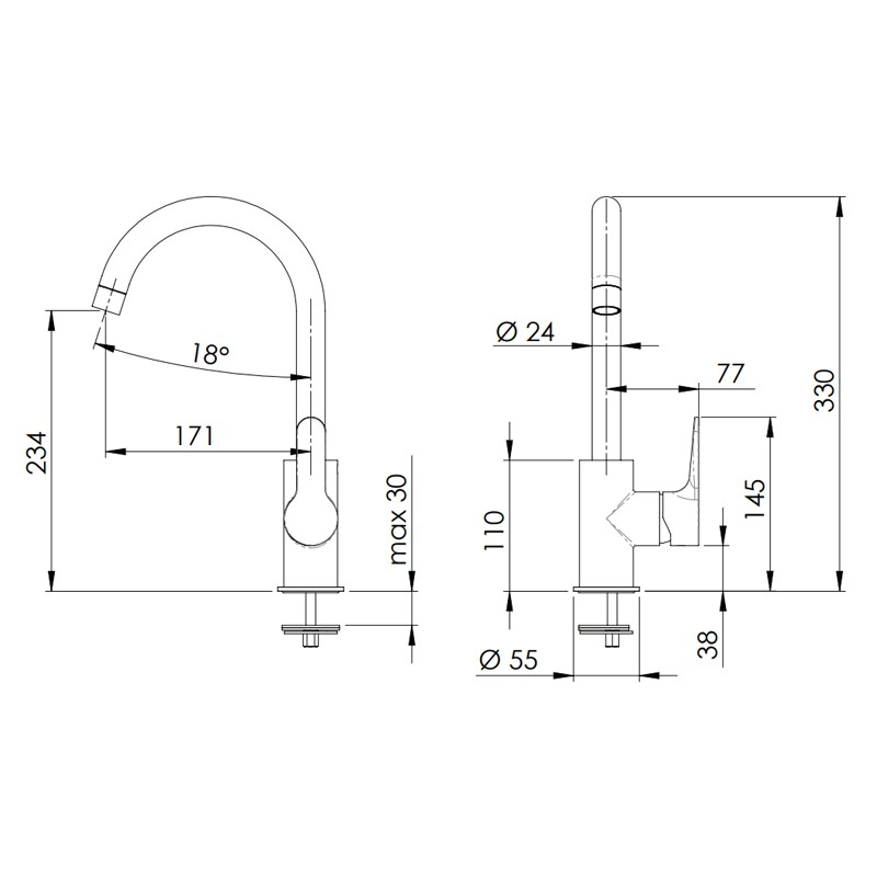 Rubinetto monocomando monoforo 90 gradi con canna alta a u - serie winner Remer W72