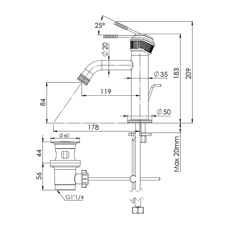 Miscelatore lavabo con scarico cromato lucido - serie Atelier Remer AL10