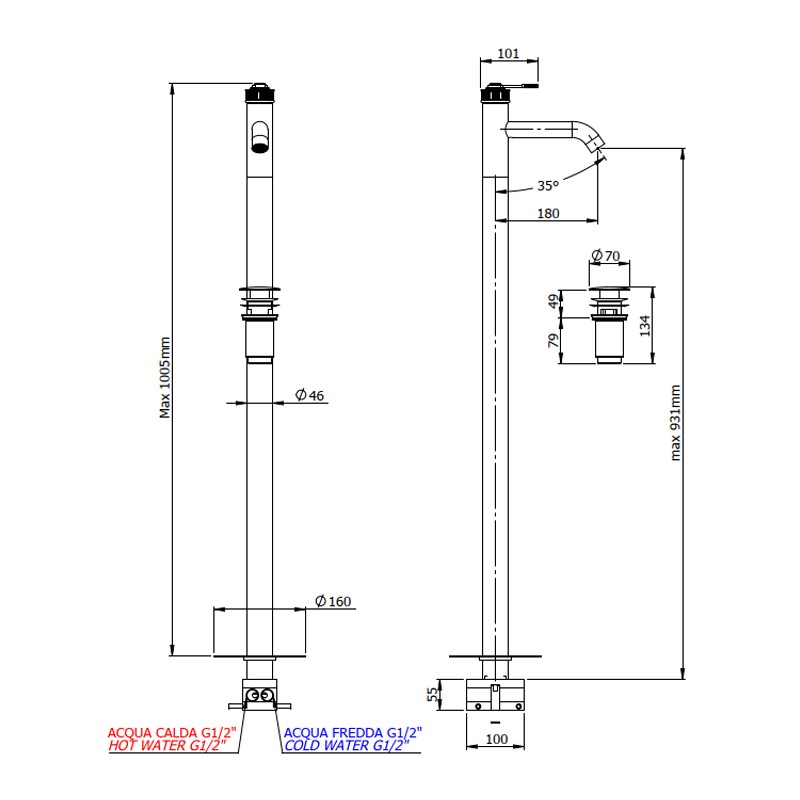 Miscelatore lavabo da terra con scarico click-clack con troppo pieno - serie Atelier Remer AL18