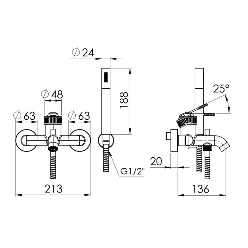 Miscelatore vasca esterno con flessibile cm 150 e doccetta a 1 funzione - serie Atelier Remer AL02
