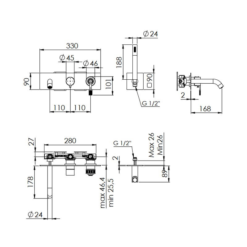 Set a incasso a 2 vie per vasca - serie Atelier Remer AL53D2WB