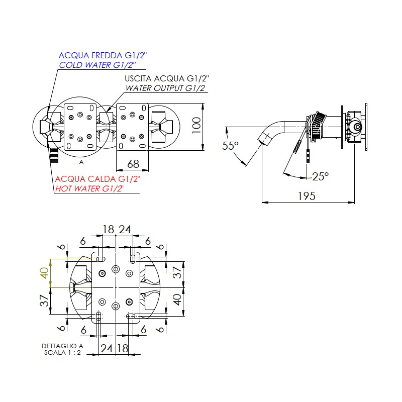 Set miscelatore a incasso a 2 vie per vasca/doccia su 3 piastre - serie Atelier Remer AL54D2PWB