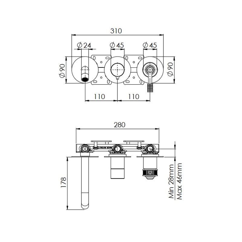 Set miscelatore a incasso a 2 vie per vasca/doccia su 3 piastre - serie Atelier Remer AL54D2PWB