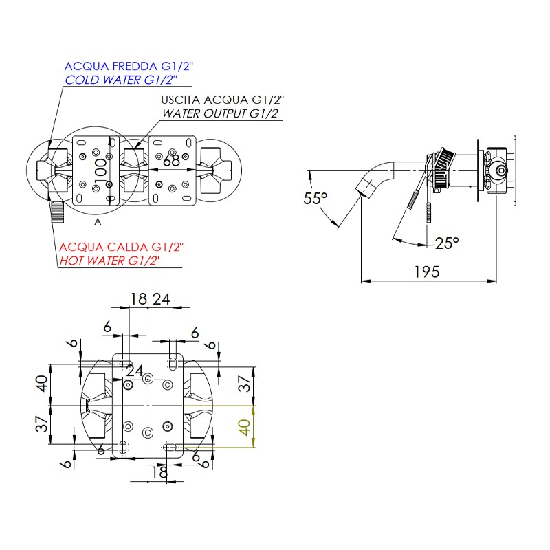 Set miscelatore a incasso a 3 vie per vasca/doccia su 3 piastre tonde piatte - serie Atelier Remer AL54D3PWB