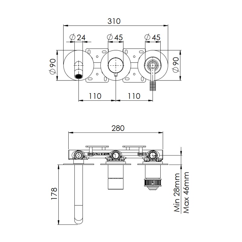 Set miscelatore a incasso a 3 vie per vasca/doccia su 3 piastre tonde piatte - serie Atelier Remer AL54D3PWB