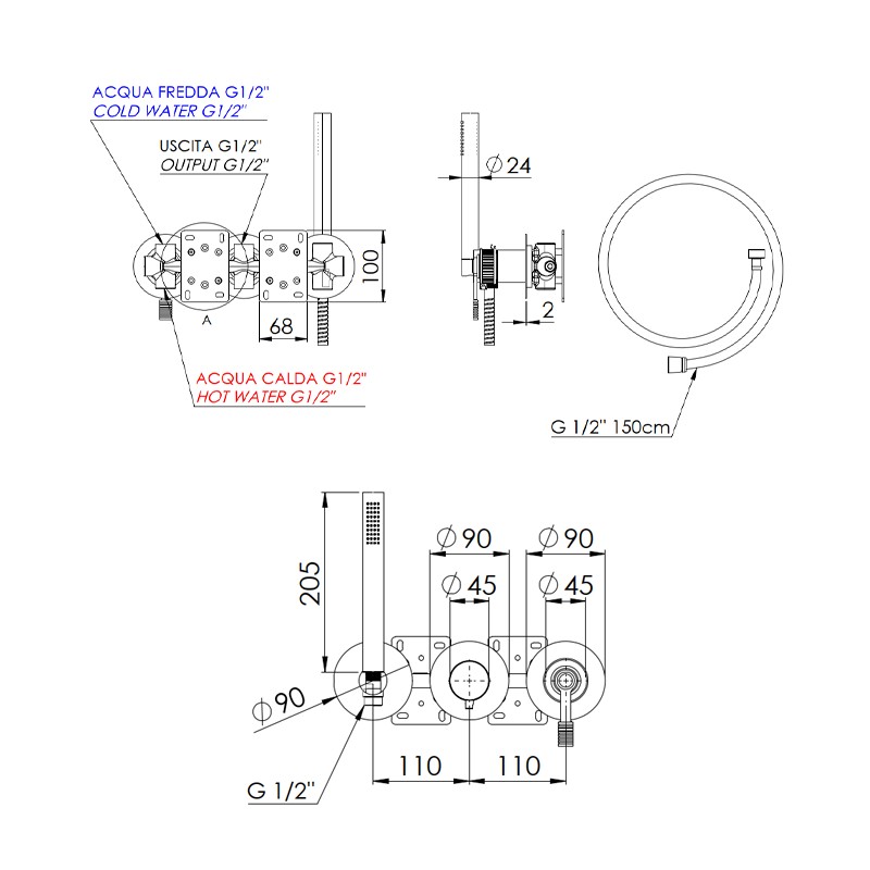 Set incasso vasca doccia su 3 piastre tonde - serie Atelier Remer AL97D2PWB