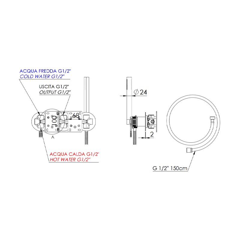 Set miscelatore a incasso a 3 vie per vasca/doccia su 3 piastre tonde - serie Atelier Remer AL97D3PWB