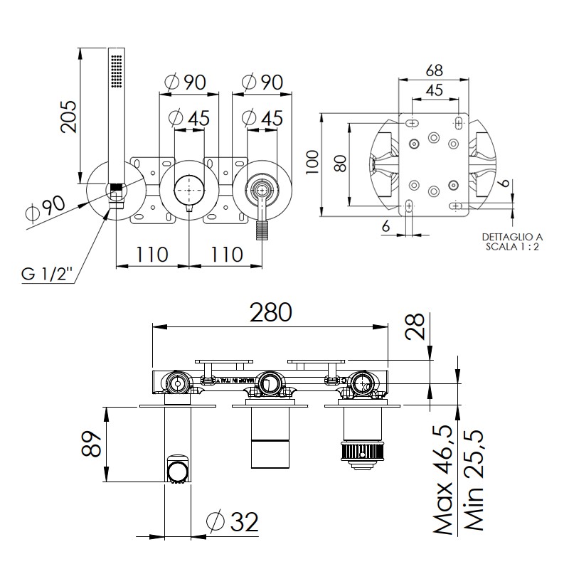 Set miscelatore a incasso a 3 vie per vasca/doccia su 3 piastre tonde - serie Atelier Remer AL97D3PWB