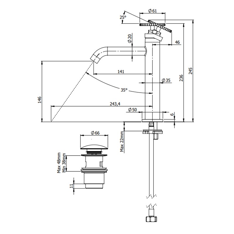 Miscelatore per lavabo altezza media senza foro sul corpo con scarico click-clack e troppopieno - serie Chrono Remer CH10ACC