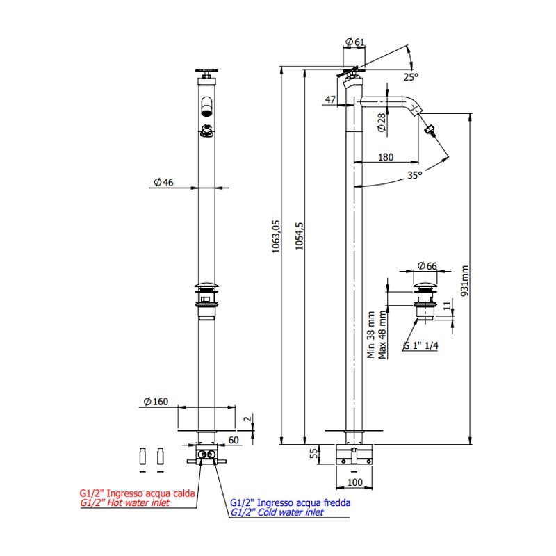 Miscelatore lavabo da terra con scarico click-clack con troppo pieno - serie Chrone Remer CH18
