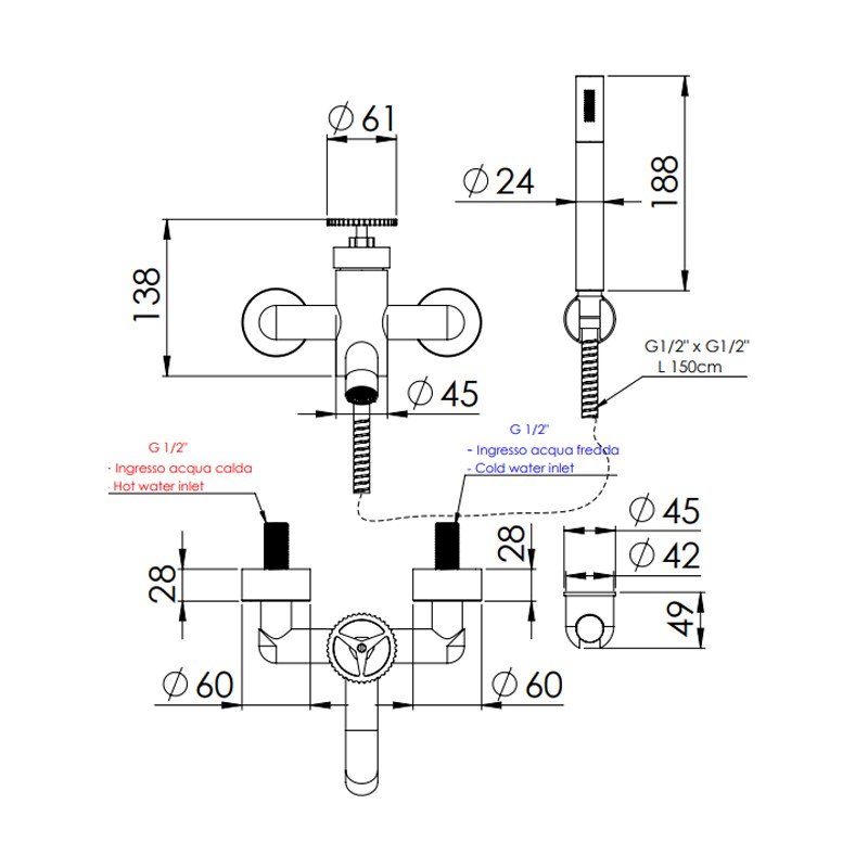 Miscelatore vasca esterno con flessibile cm 150 e doccetta a 1 funzione - serie Chrono Remer CH02