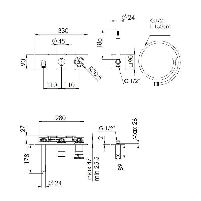 Set a incasso a 2 vie per vasca con miscelatore monocomando, deviatore a 2 uscite e bocca a muro - serie Chrono Remer CH53D2WB