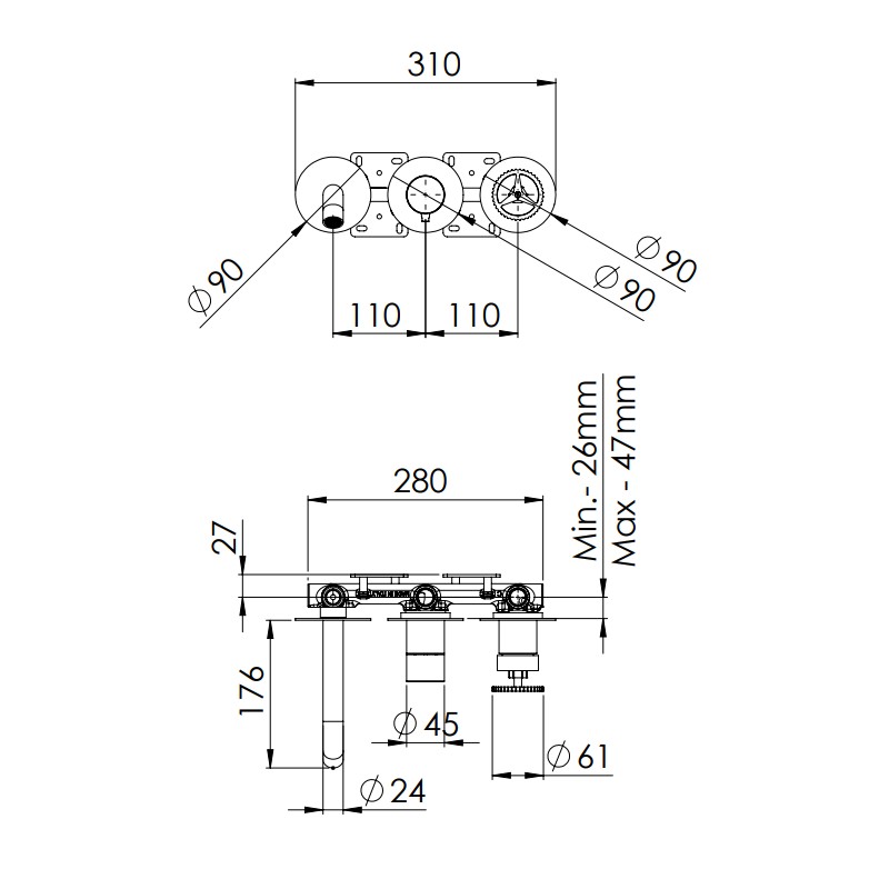 Set a incasso a 2 vie per vasca su piastre tonde separate ultra-piatte e deviatore a 2 vie - Serie Chrono Remer CH54D2PWB