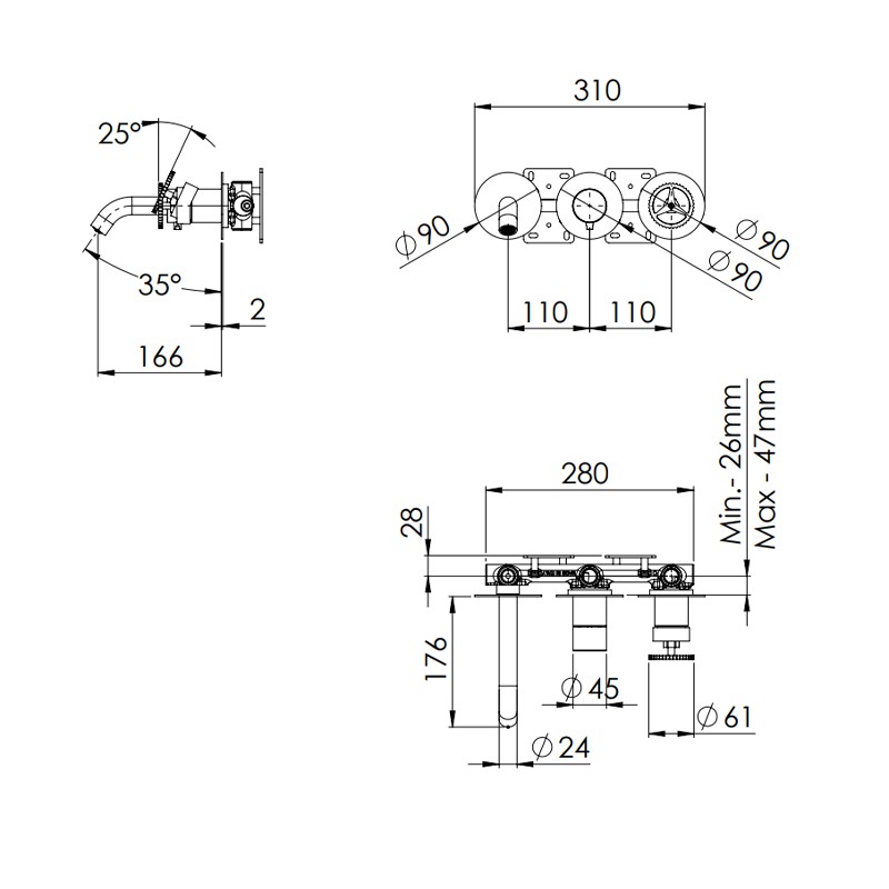 Set miscelatore a incasso a 3 vie per vasca doccia su 3 piastre tonde con deviatore a 3 uscite -serie Chrono Remer CH54D3PWB