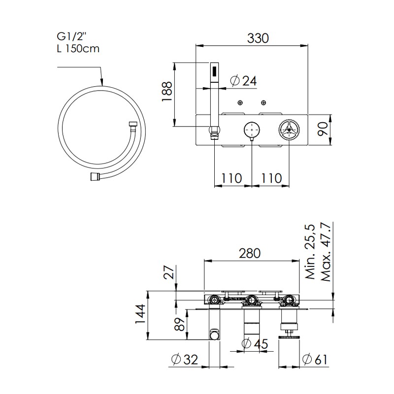 Set miscelatore a incasso a 2 vie per vasca o doccia su piastra rettangolare - serie Chrono Remer CH97D2WB