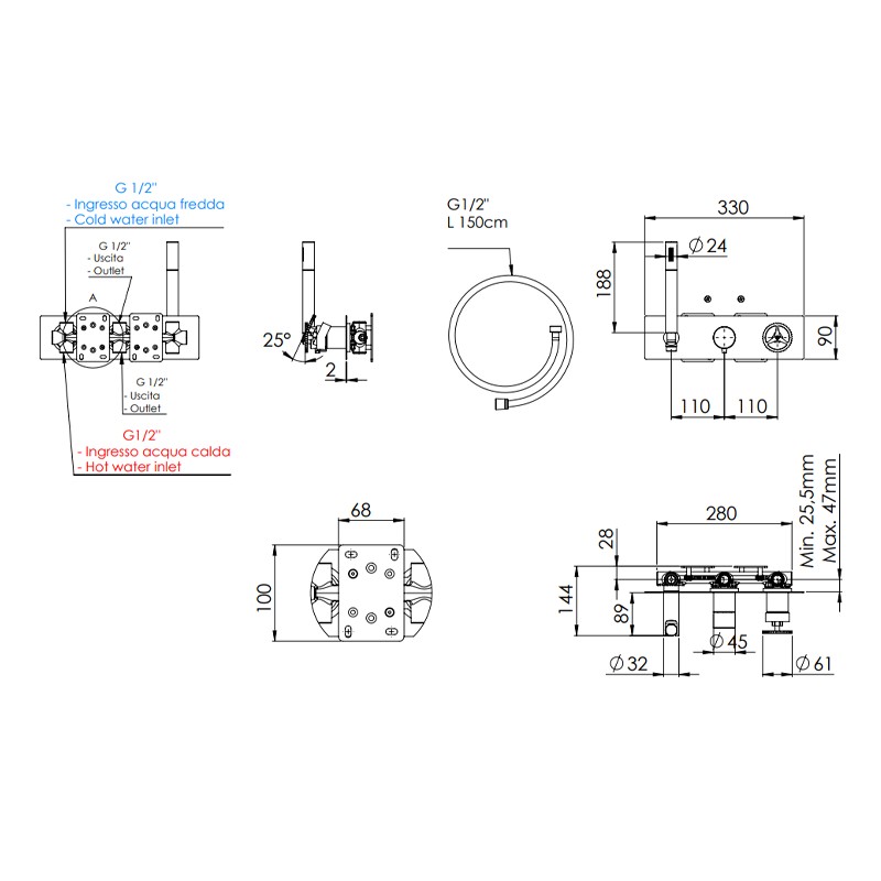 Set miscelatore a incasso a 3 vie per vasca doccia su piastra rettangolare ottone cromato - serie Chrono Remer CH97D3WB