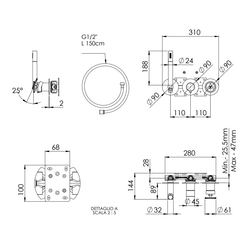 Set miscelatore a incasso a 3 vie per vasca doccia su 3 piastre tonde - serie Chrono Remer CH97D3PWB