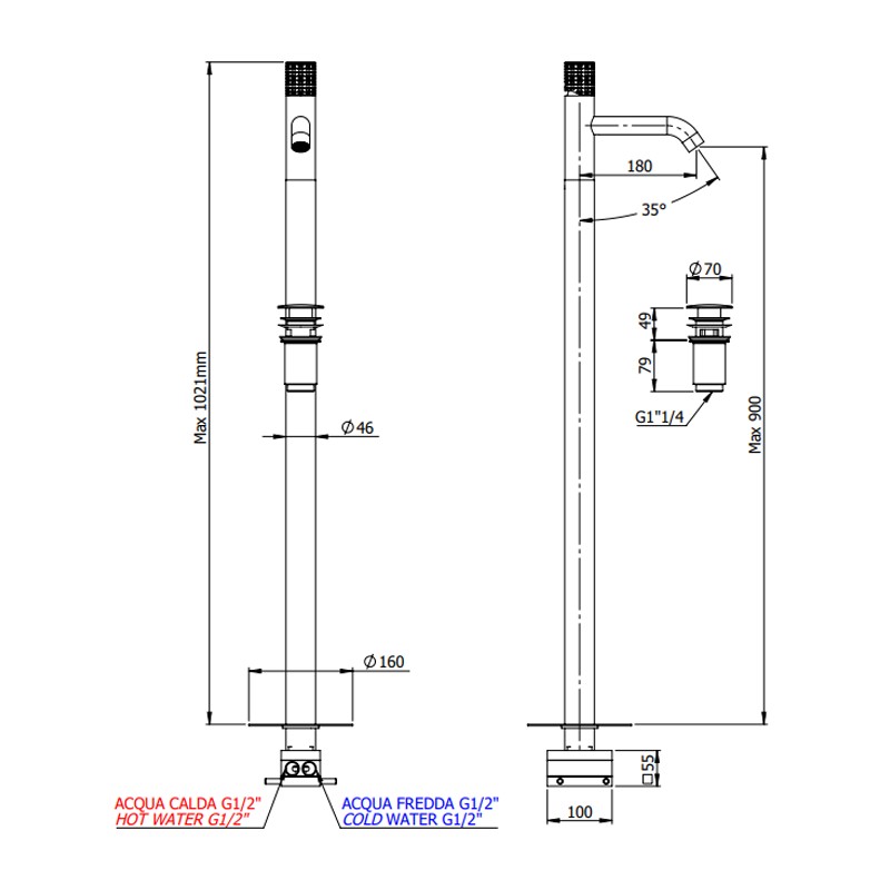 Miscelatore lavabo da terra con scarico click-clack con troppo pieno - serie Celebrity Remer CEC18