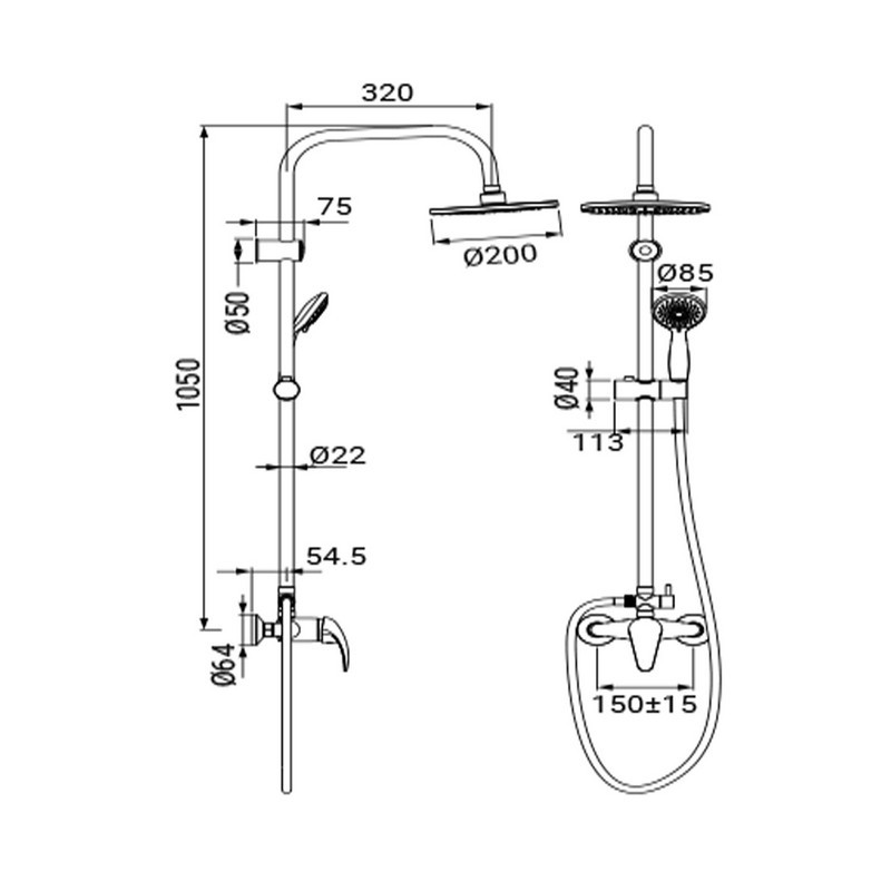 Colonna Doccia Luton in Acciaio con Rubinetto e Soffione Tondo Ø20 cm Idrobric IC03.0147.01