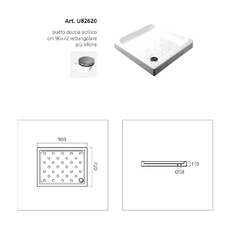 Piatto doccia 90x72 in acrilico sifone disponibile online